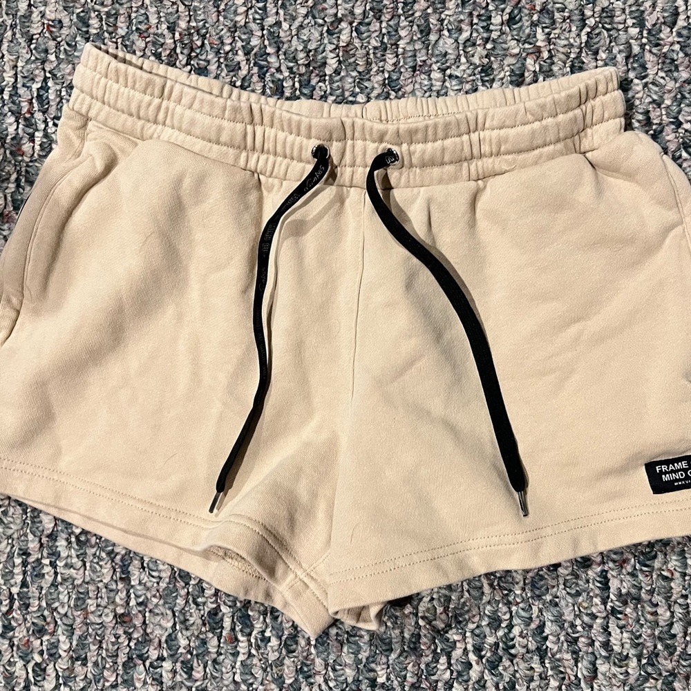 Tan colored Frame of Mind Co. Cotton Blend Jogger/Sweatshorts, Size Small